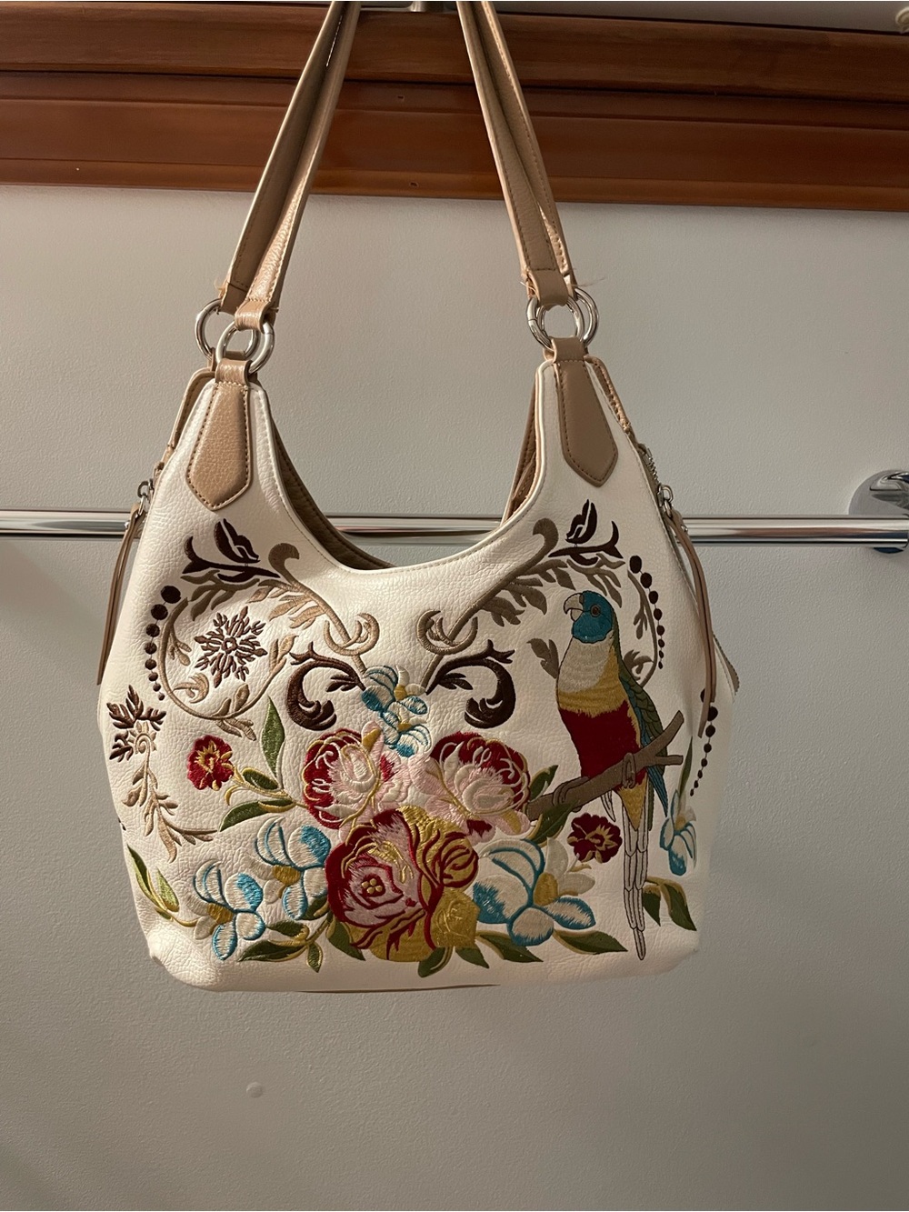 Sharif Cream Shoulder Bag with Multicolor Embroidered Parrot & Florals